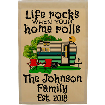 Life Rocks When Your Home Rolls Personalized Camping Flag with Travel Trailer on Tan