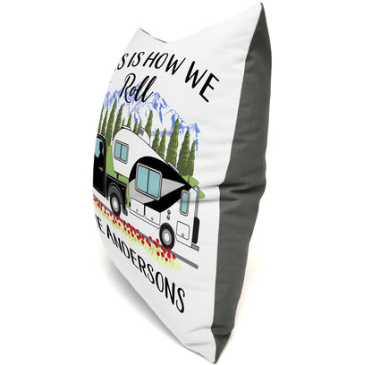 This is How We Roll Personalized Camping Pillow with Truck and 5th Wheel Trailer