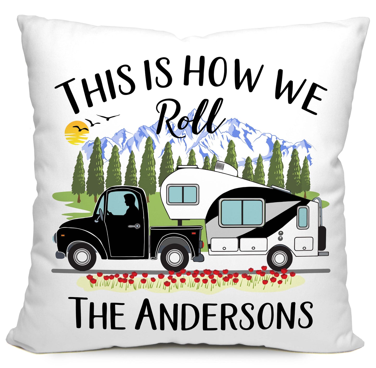 This is How We Roll Personalized Camping Pillow with Truck and 5th Wheel Trailer