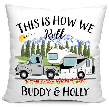 This is How We Roll Personalized Camping Pillow with Truck and 5th Wheel Trailer