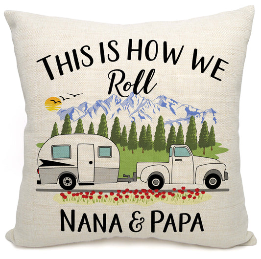 This is How We Roll Personalized Camping Pillow with Truck and Travel Trailer
