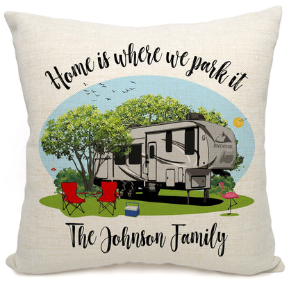 Home is Where We Park It Personalized Camping Pillow with 5th Wheel Trailer
