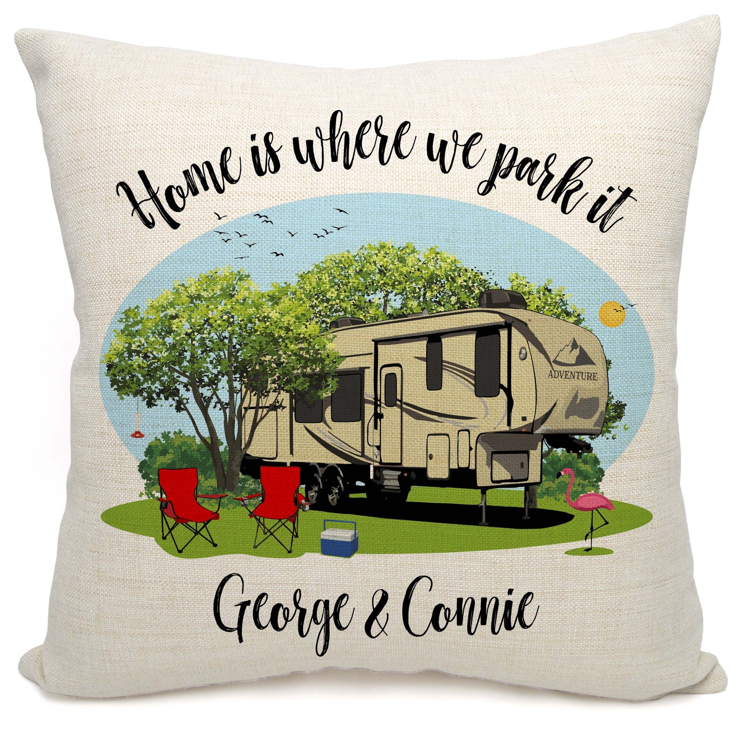 Home is Where We Park It Personalized Camping Pillow with 5th Wheel Trailer