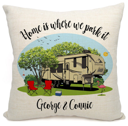 Home is Where We Park It Personalized Camping Pillow with 5th Wheel Trailer