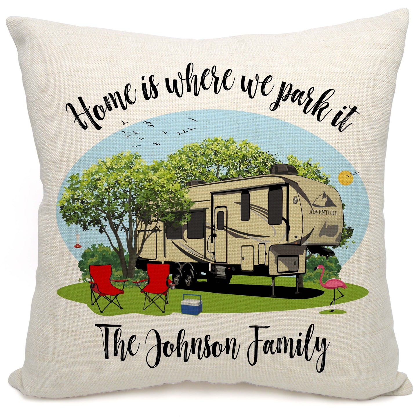 Home is Where We Park It Personalized Camping Pillow with 5th Wheel Trailer