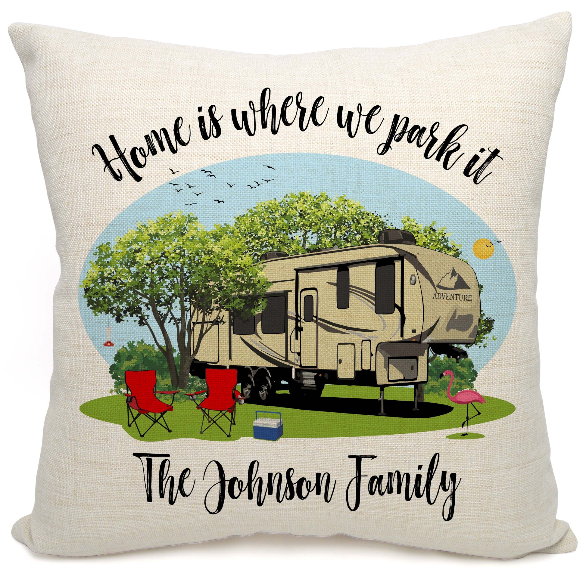 Home is Where We Park It Personalized Camping Pillow with 5th Wheel Trailer