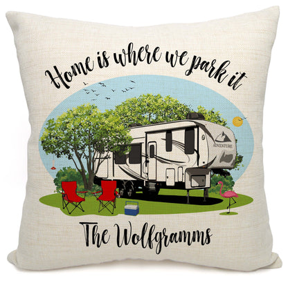 Home is Where We Park It Personalized Camping Pillow with 5th Wheel Trailer