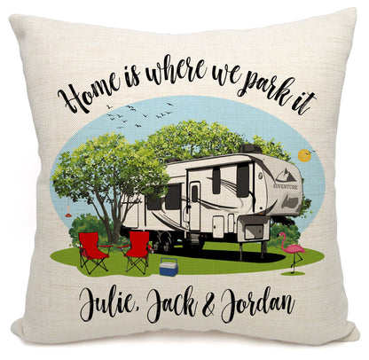 Home is Where We Park It Personalized Camping Pillow with 5th Wheel Trailer