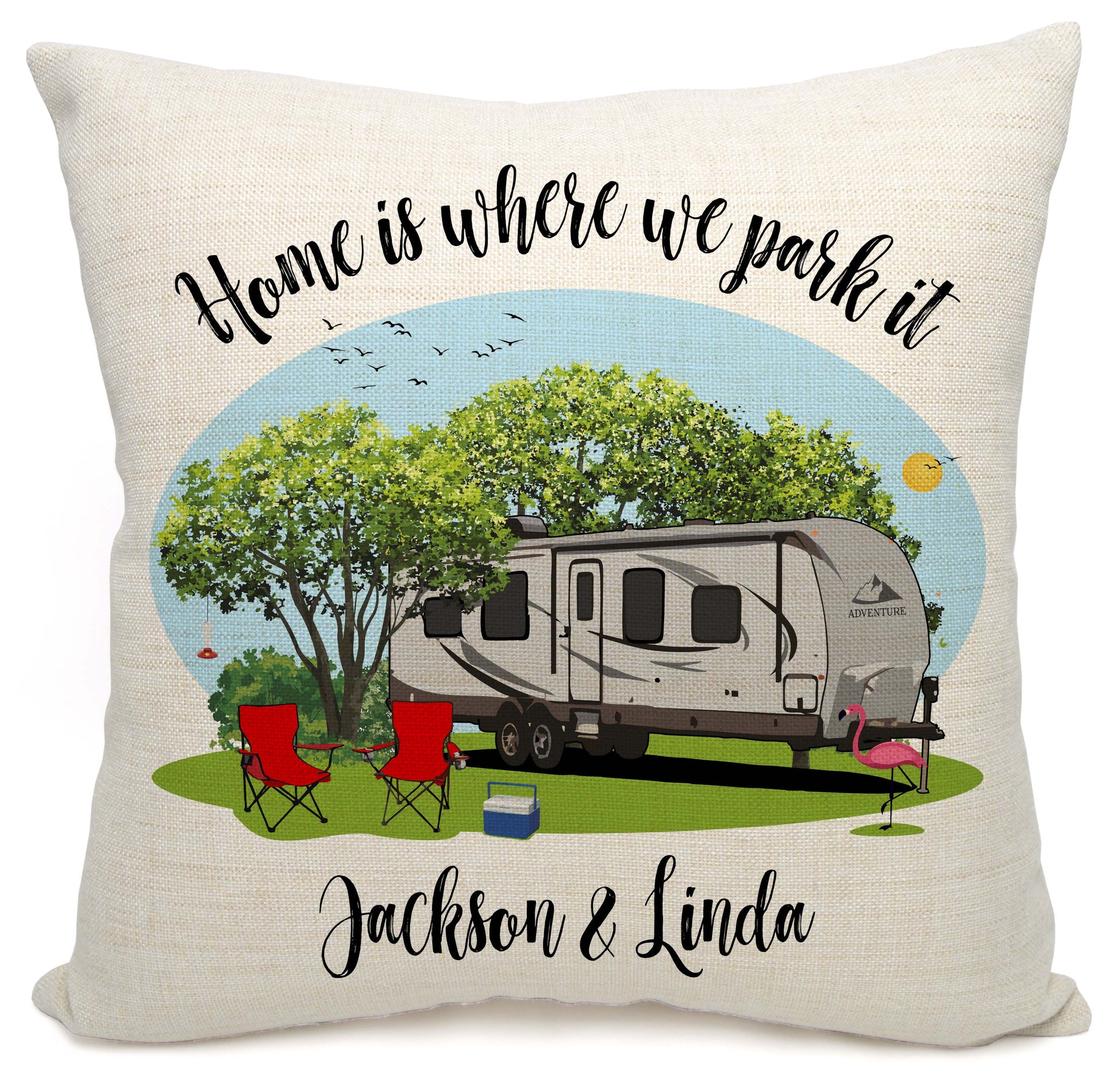 Home is Where We Park It Personalized Camping Pillow with Travel Trailer