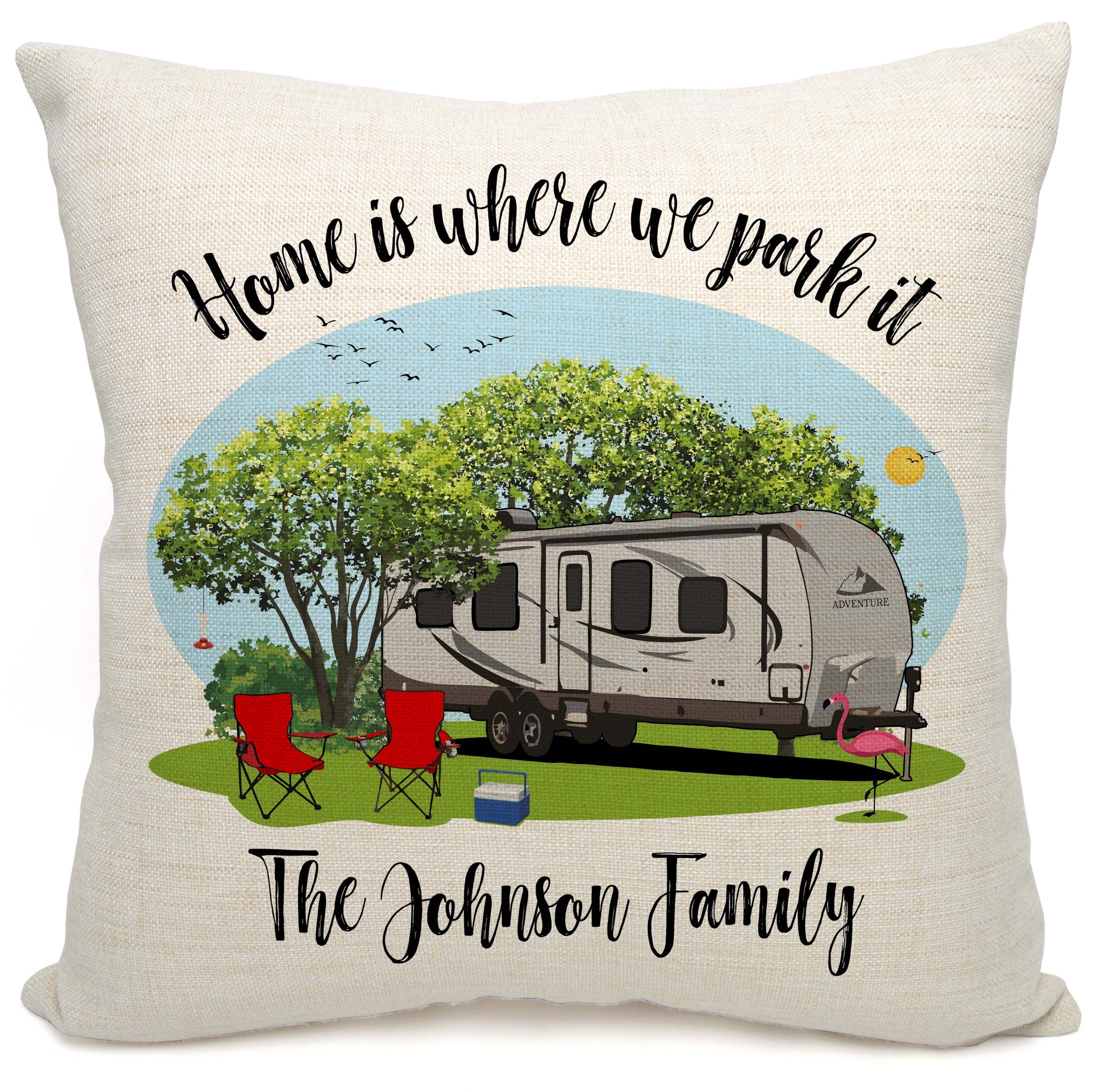 Home is Where We Park It Personalized Camping Pillow with Travel Trailer