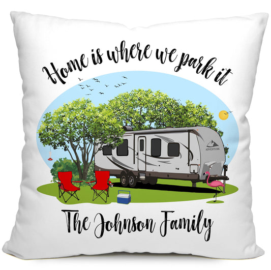 Home is Where We Park It Personalized Camping Pillow with Travel Trailer