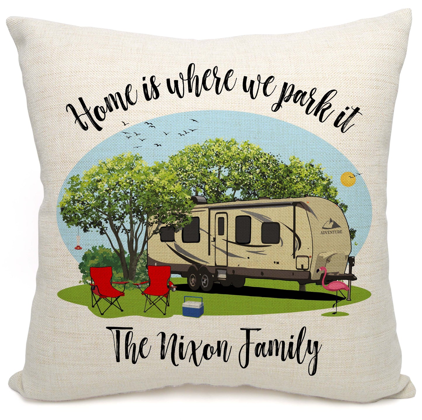 Home is Where We Park It Personalized Camping Pillow with Travel Trailer