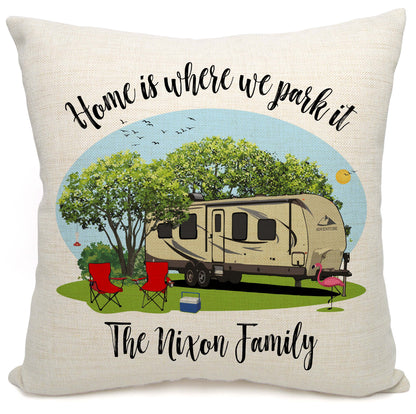 Home is Where We Park It Personalized Camping Pillow with Travel Trailer