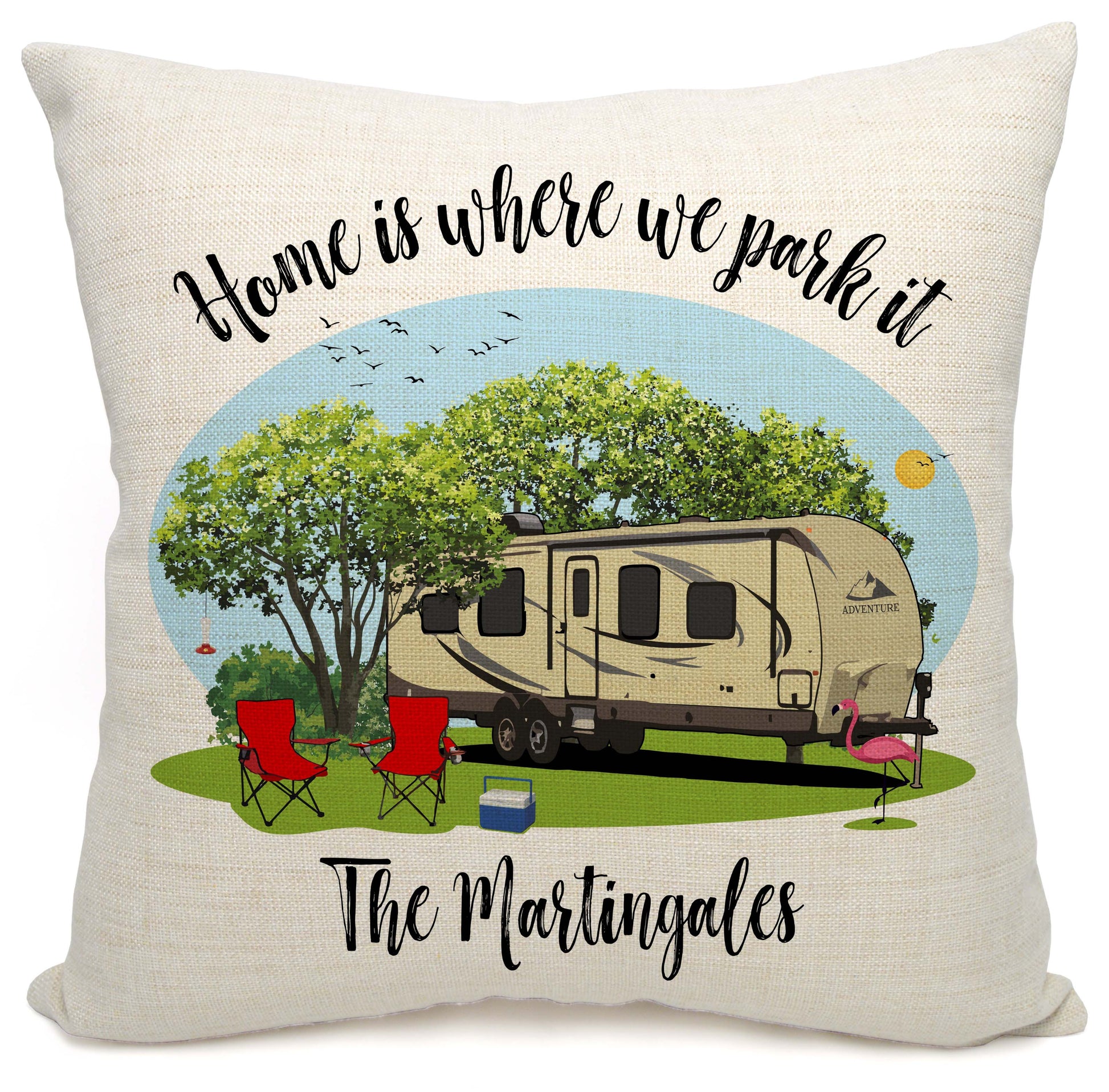 Home is Where We Park It Personalized Camping Pillow with Travel Trailer
