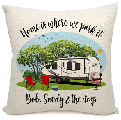 Home is Where We Park It Personalized Camping Pillow with Travel Trailer
