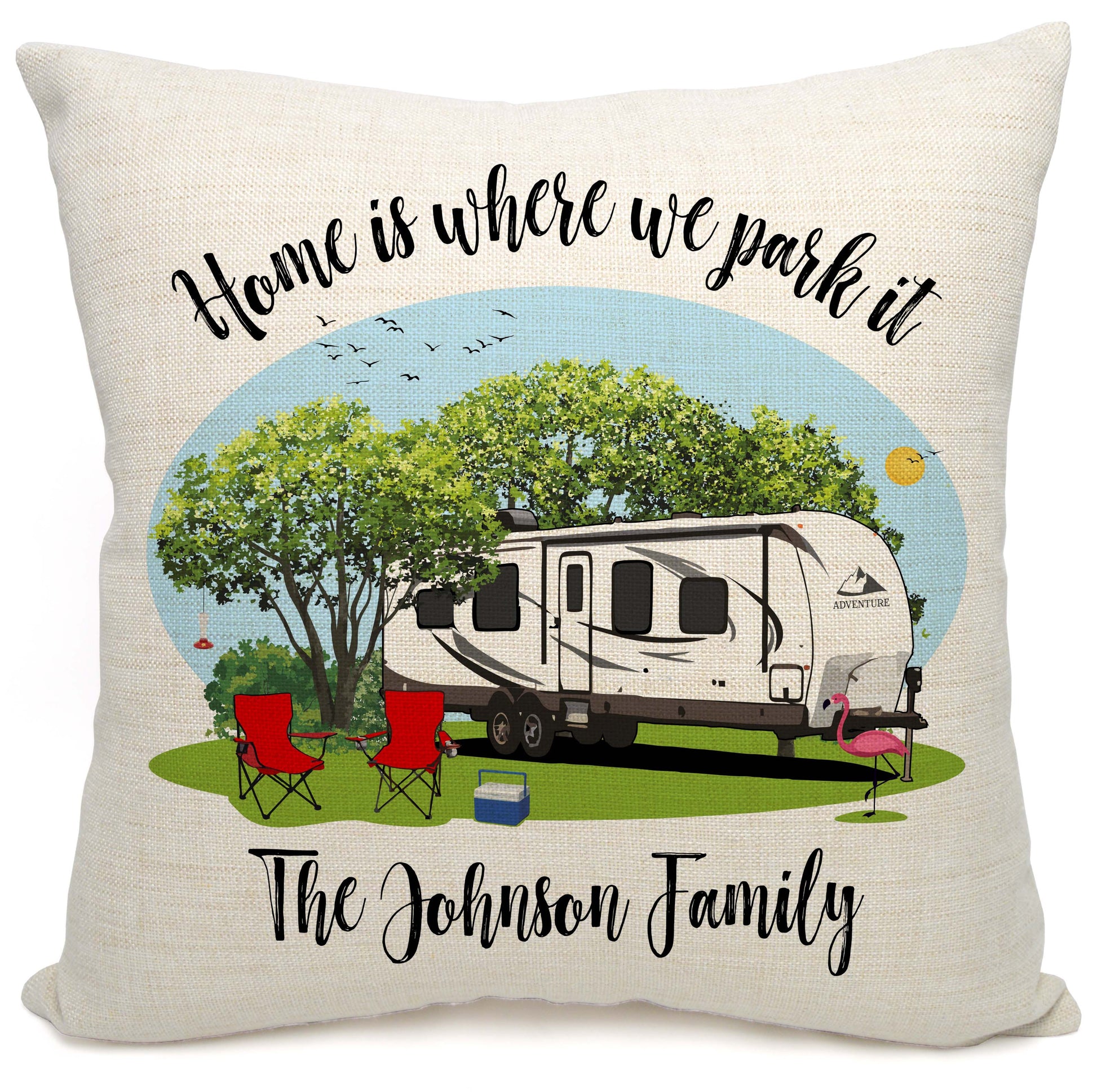 Home is Where We Park It Personalized Camping Pillow with Travel Trailer