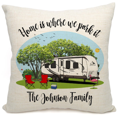 Home is Where We Park It Personalized Camping Pillow with Travel Trailer