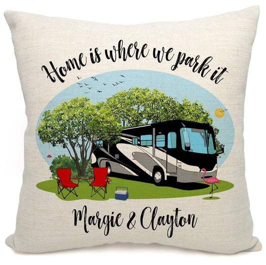 Home is Where We Park It Personalized Camping Pillow with Class A Motorhome