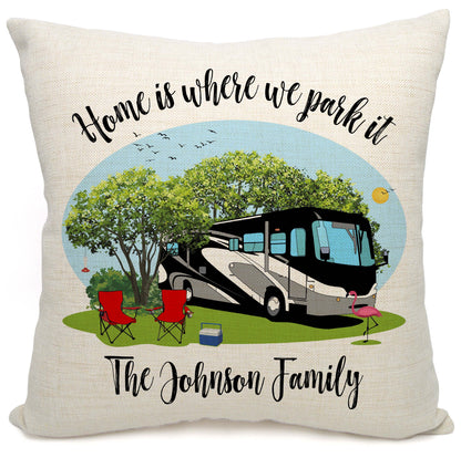 Home is Where We Park It Personalized Camping Pillow with Class A Motorhome
