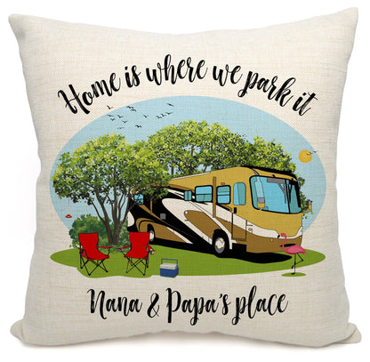 Home is Where We Park It Personalized Camping Pillow with Class A Motorhome