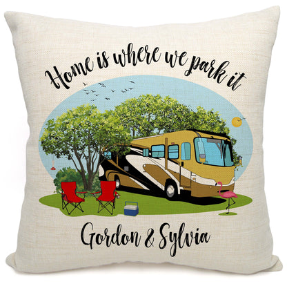 Home is Where We Park It Personalized Camping Pillow with Class A Motorhome