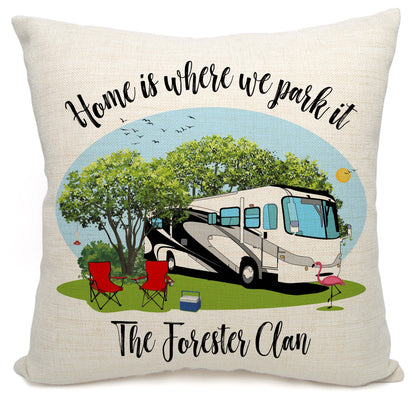 Home is Where We Park It Personalized Camping Pillow with Class A Motorhome