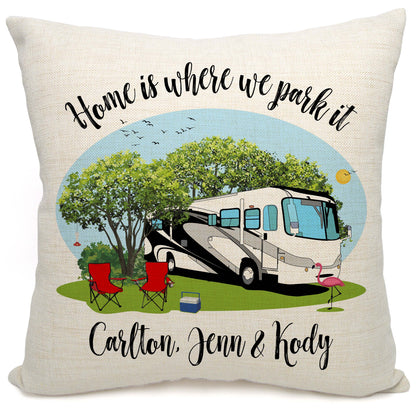 Home is Where We Park It Personalized Camping Pillow with Class A Motorhome