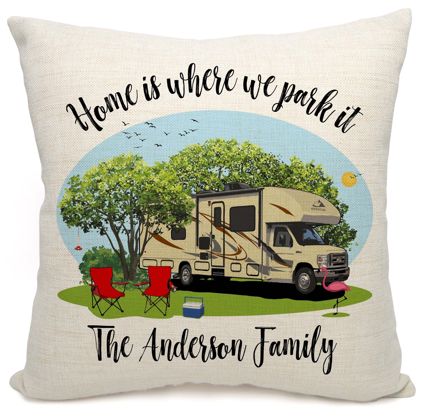 Home is Where We Park It Personalized Camping Pillow with Class C Motorhome