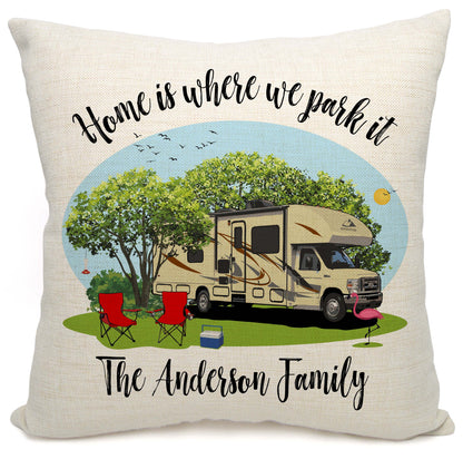 Home is Where We Park It Personalized Camping Pillow with Class C Motorhome