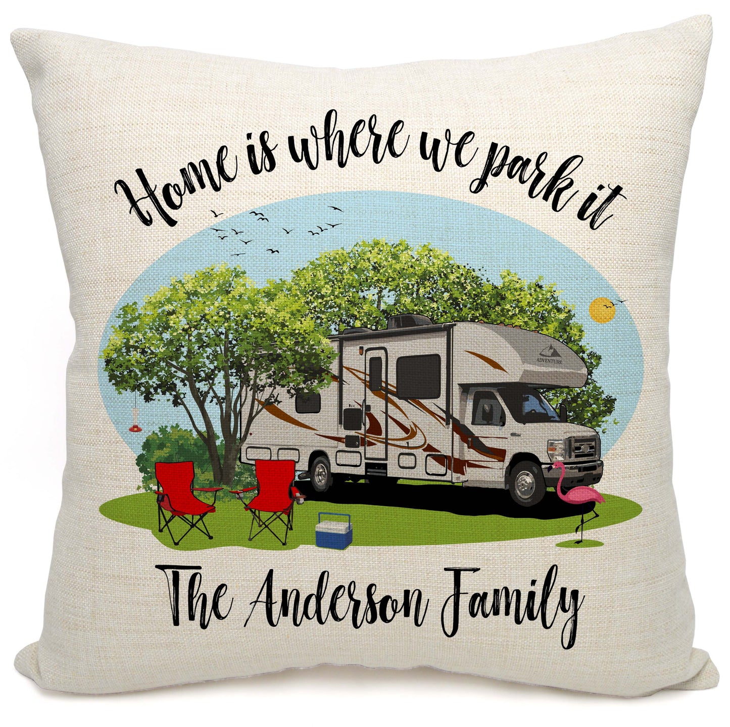 Home is Where We Park It Personalized Camping Pillow with Class C Motorhome