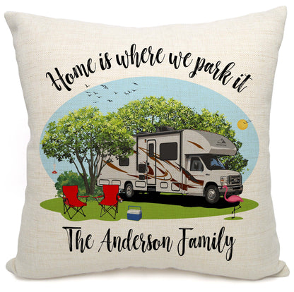Home is Where We Park It Personalized Camping Pillow with Class C Motorhome