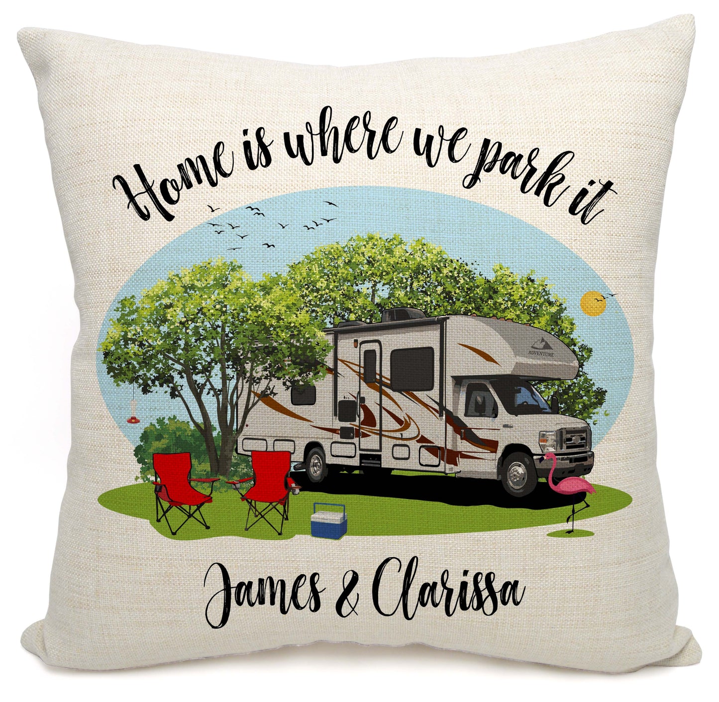 Home is Where We Park It Personalized Camping Pillow with Class C Motorhome