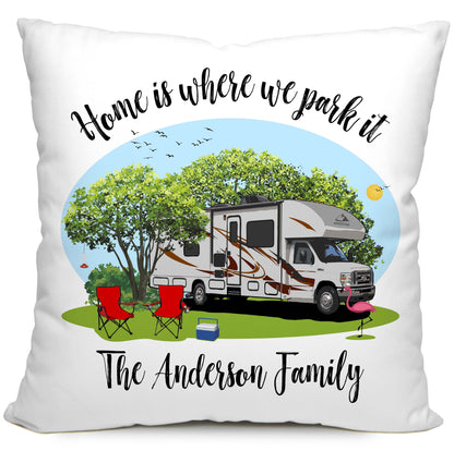 Home is Where We Park It Personalized Camping Pillow with Class C Motorhome