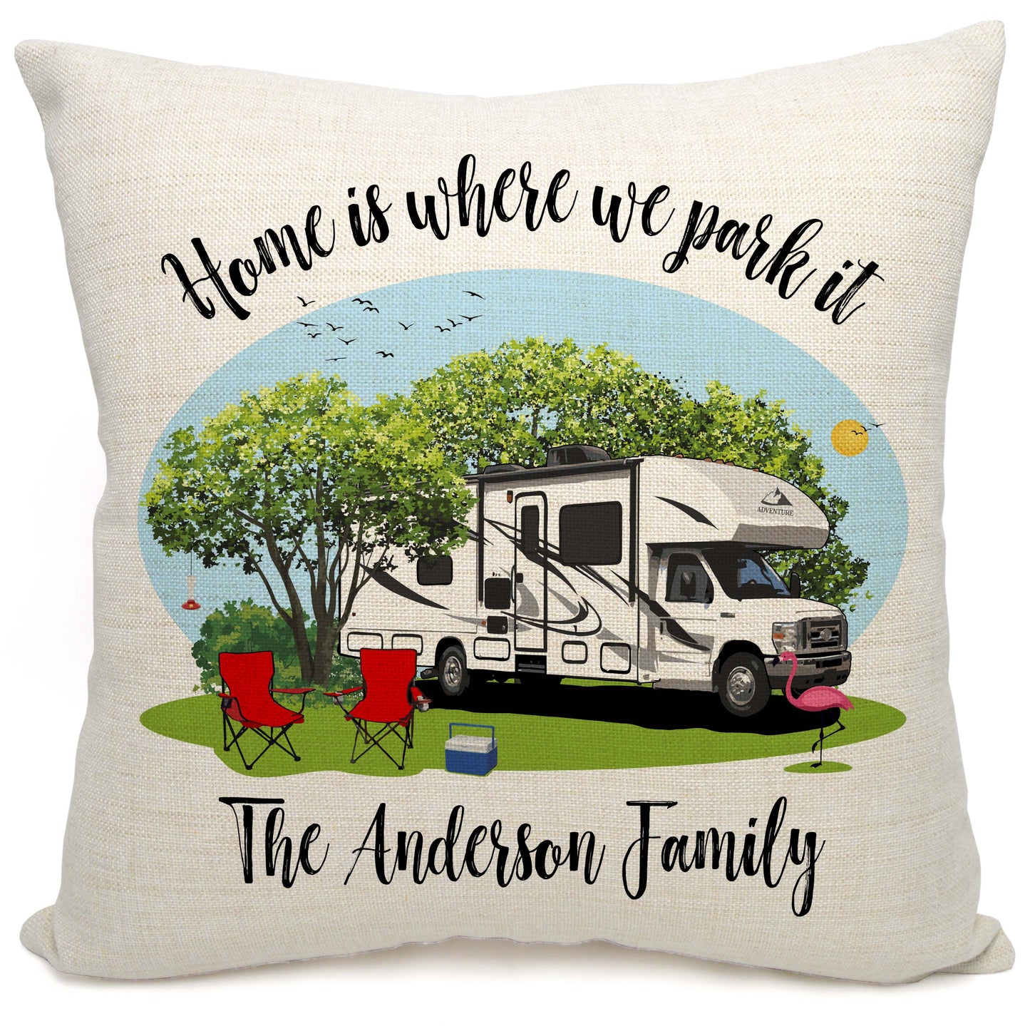 Home is Where We Park It Personalized Camping Pillow with Class C Motorhome
