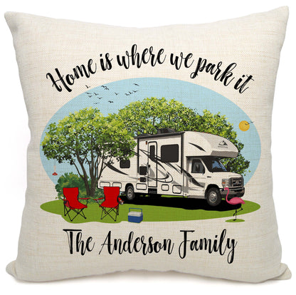 Home is Where We Park It Personalized Camping Pillow with Class C Motorhome