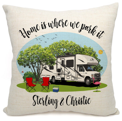 Home is Where We Park It Personalized Camping Pillow with Class C Motorhome