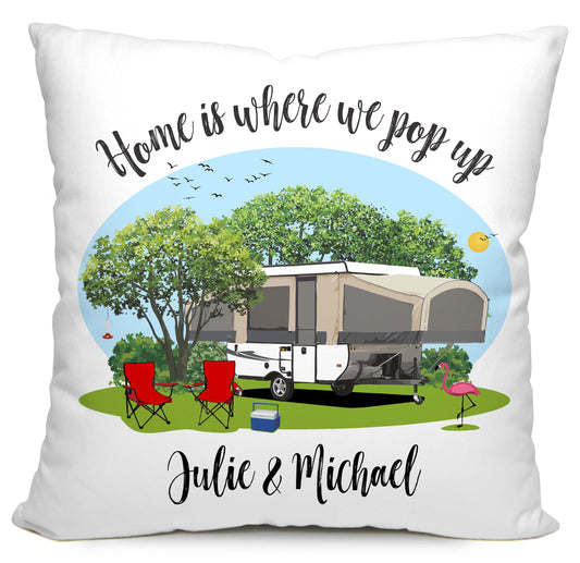 Home is Where We Pop Up Personalized Camping Pillow with Tent Trailer