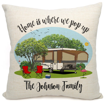 Home is Where We Pop Up Personalized Camping Pillow with Tent Trailer