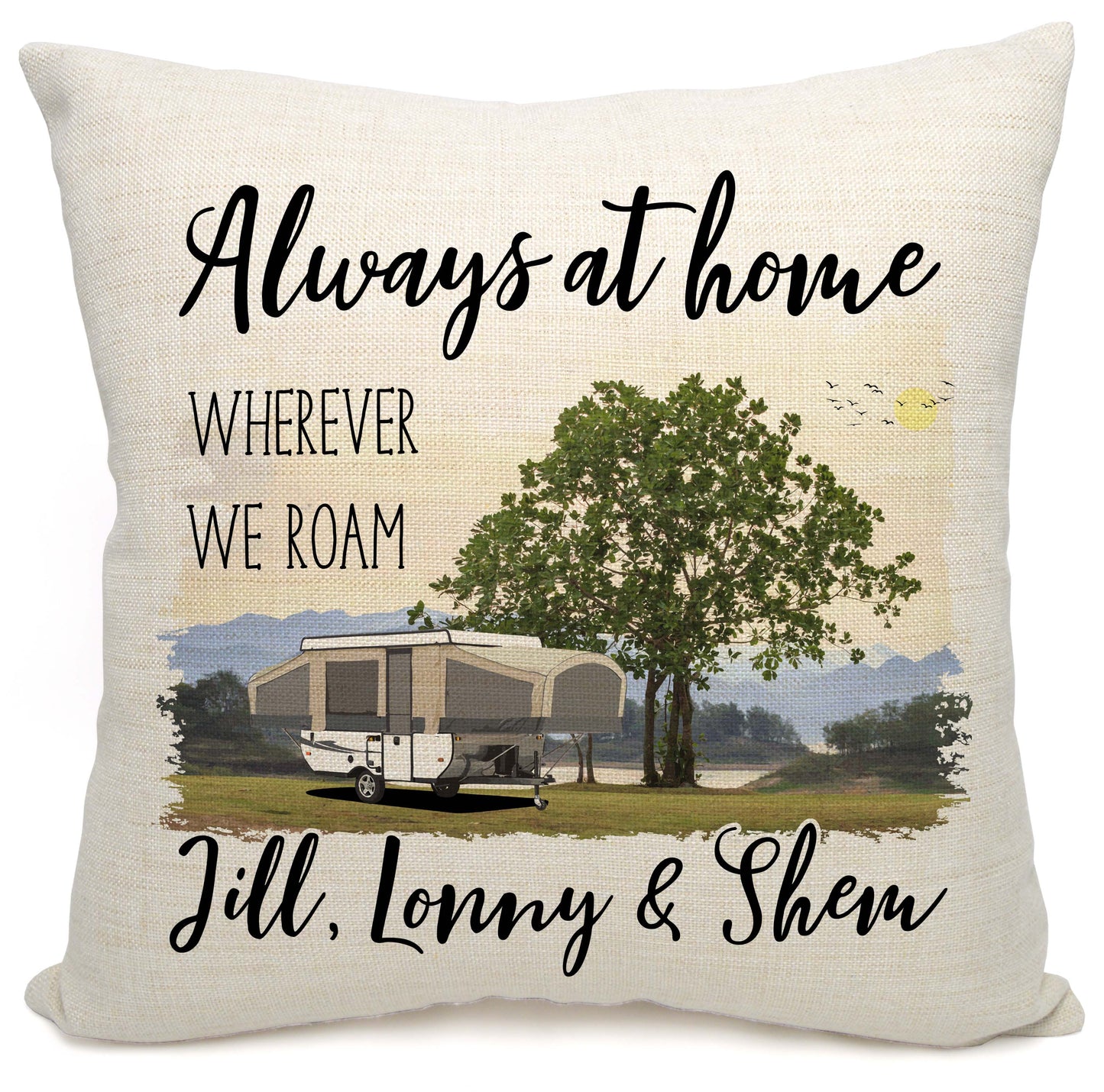 Always at Home Wherever We Roam Personalized Camping Pillow with Pop Up Trailer