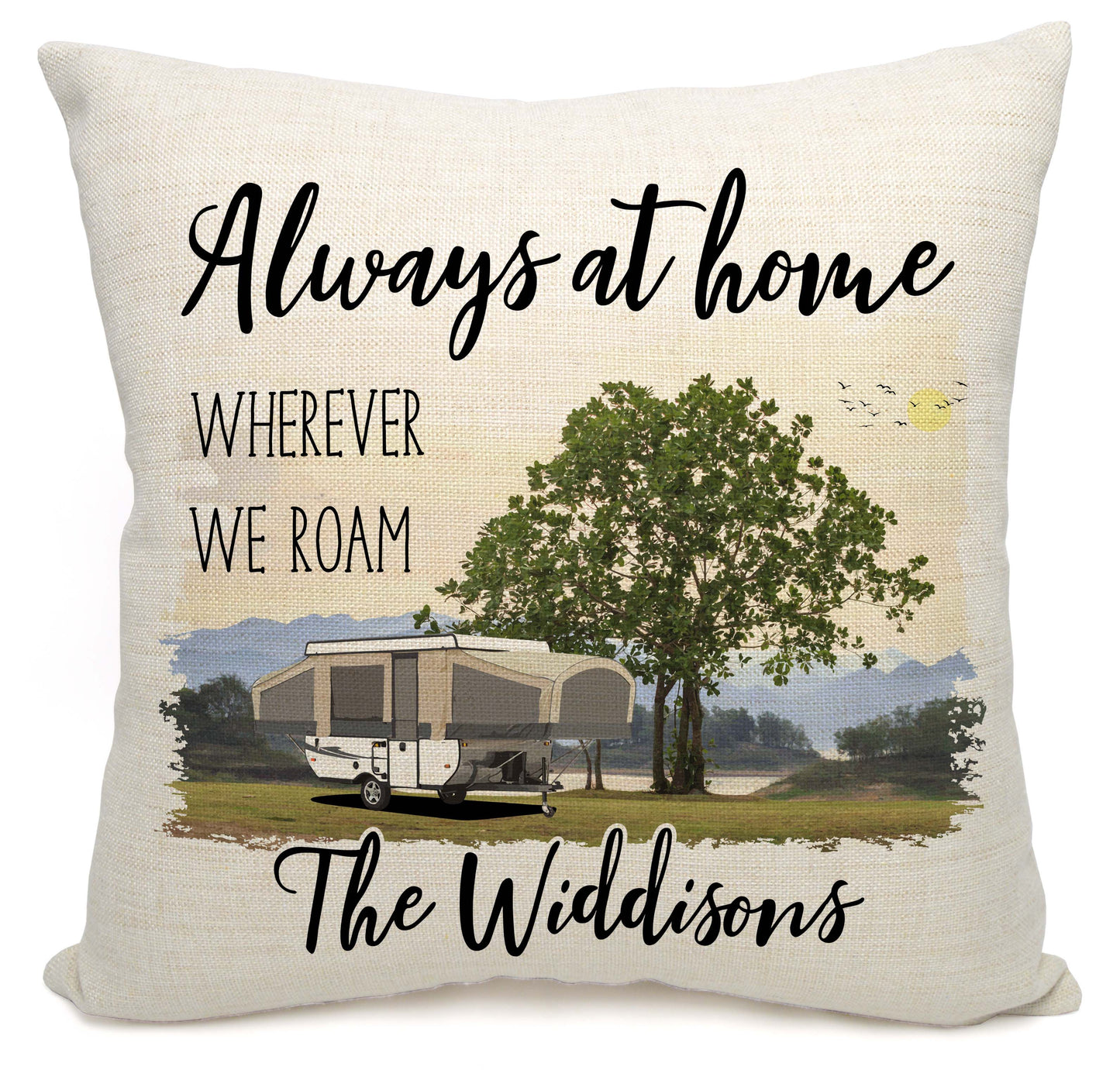 Always at Home Wherever We Roam Personalized Camping Pillow with Pop Up Trailer
