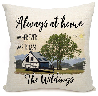 Always at Home Wherever We Roam Personalized Camping Pillow with Pop Up Trailer