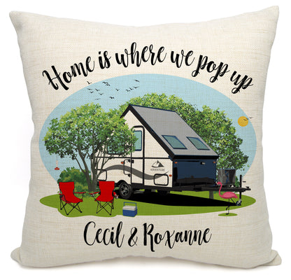 Home is Where We Pop Up Personalized Camping Pillow with Tent Trailer