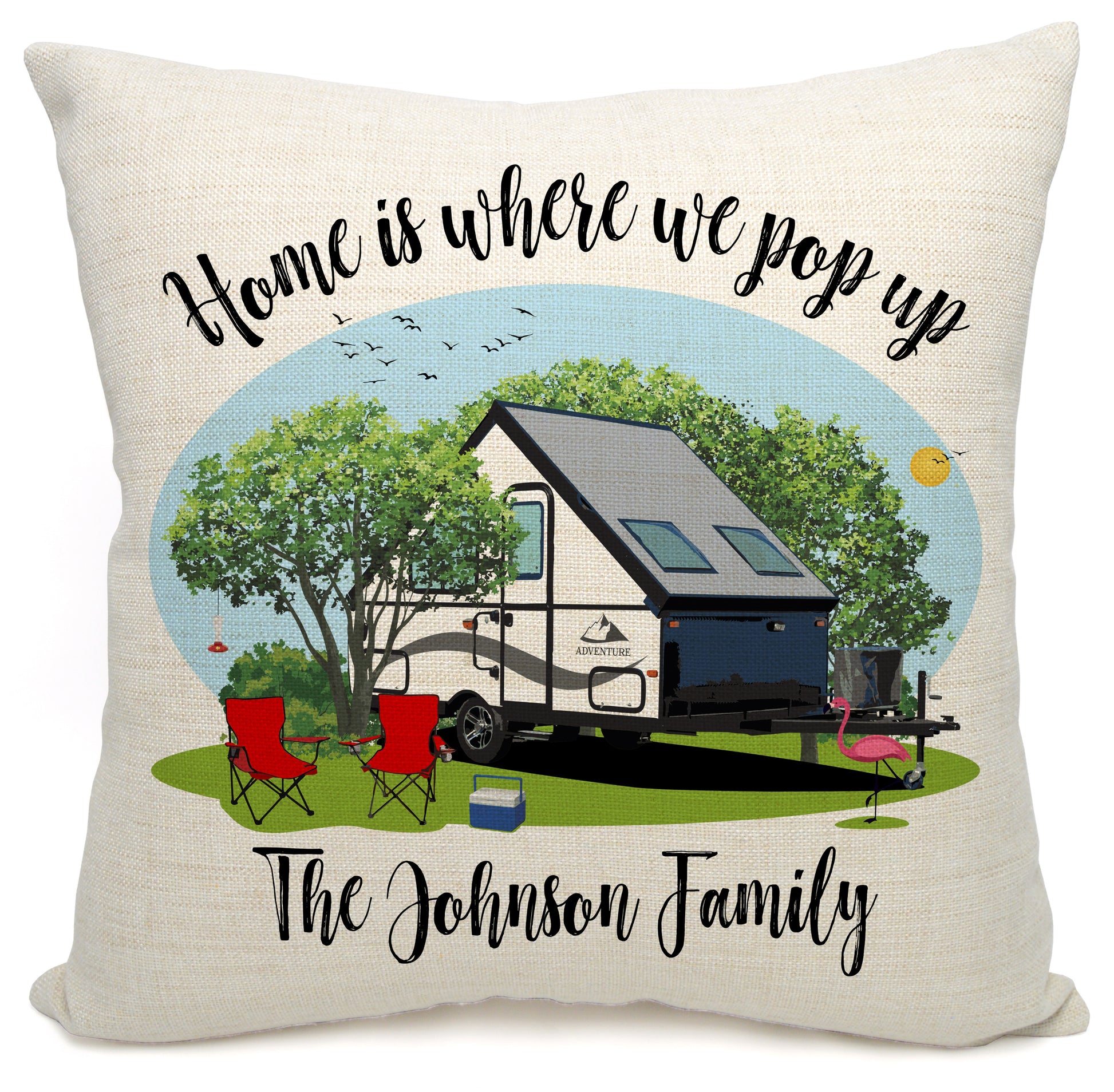 Home is Where We Pop Up Personalized Camping Pillow with Tent Trailer