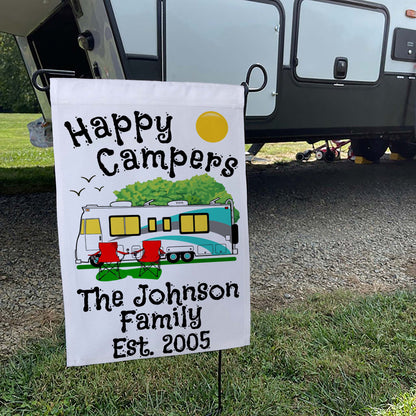 Personalized Happy Campers RV Camping Flag with Class A - White Fabric