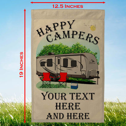 “Happy Campers” Personalized Camping Flag – Travel Trailer Design on Tan Fabric