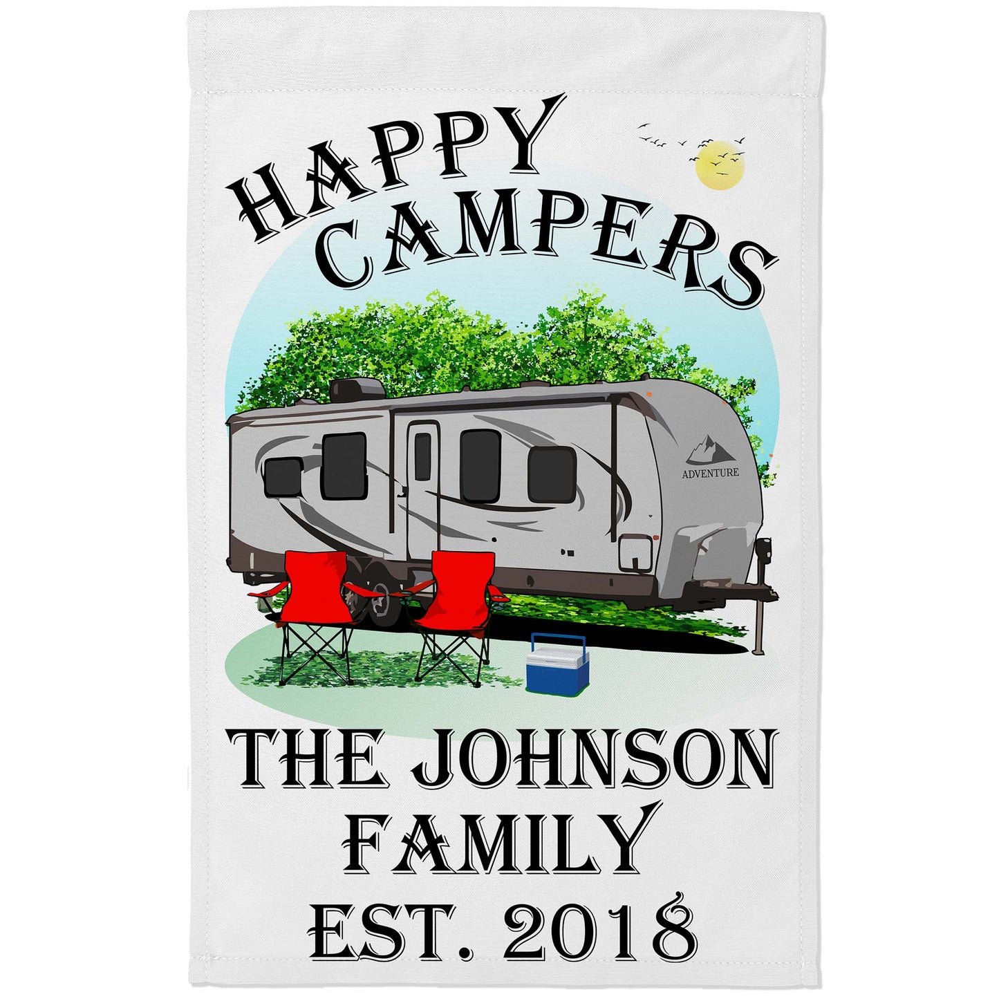 “Happy Campers” Personalized Camping Flag – Travel Trailer Design on White Fabric