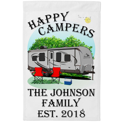 “Happy Campers” Personalized Camping Flag – Travel Trailer Design on White Fabric