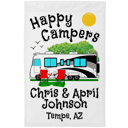 Personalized Happy Campers RV Camping Flag with Class A - White Fabric