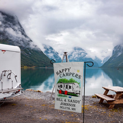“Happy Campers” Personalized Camping Flag – Travel Trailer Design on White Fabric