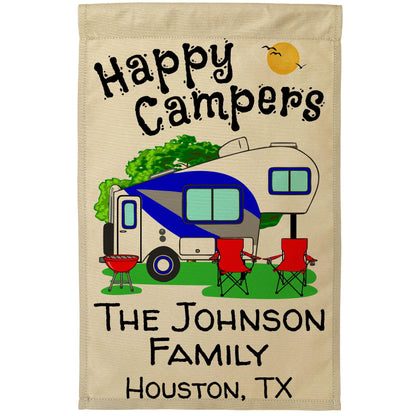 Happy Campers Personalized Camping Flag With 5th Wheel Trailer - Tan Fabric